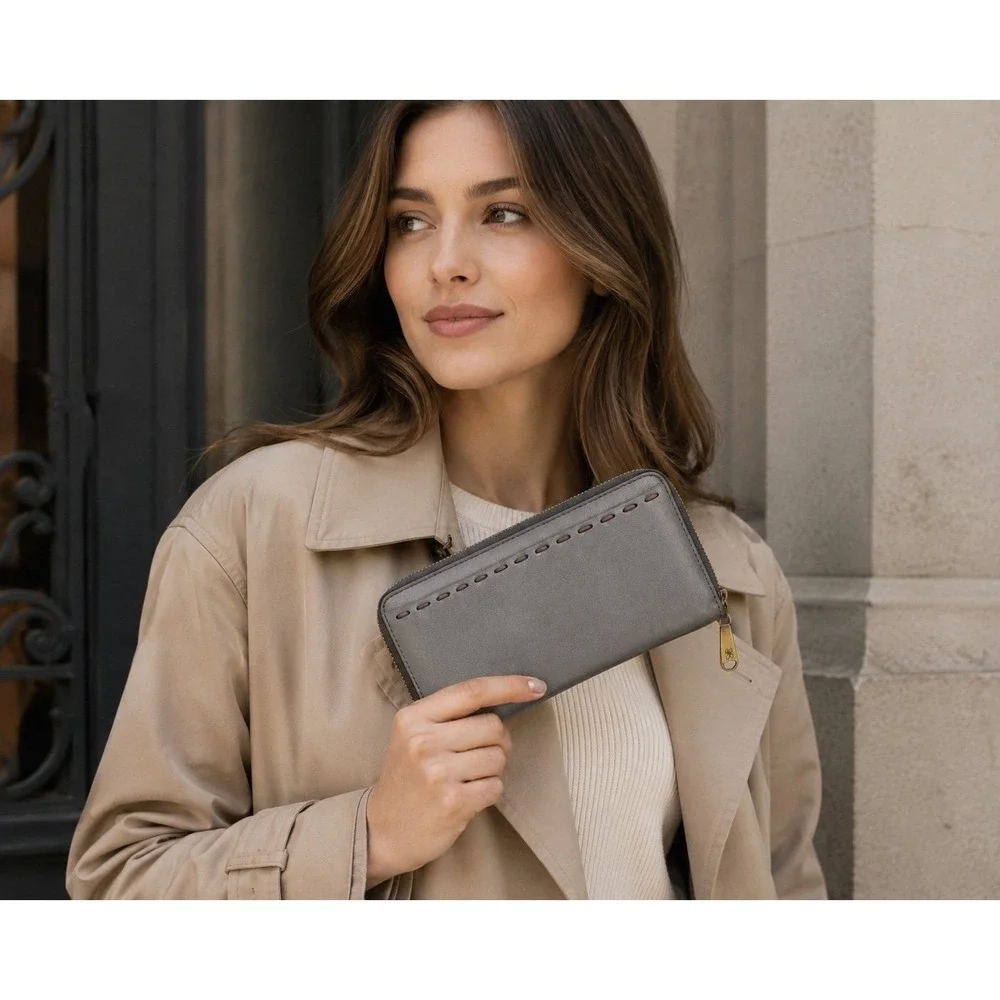 HOBO International Leather Zip Around Wallet Gray Whipstitch Organizer
